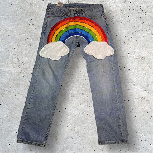 Levi's Other - Custom Levi’s 505 Rainbow Jeans 34x30 Hand Sewn Applique Clouds